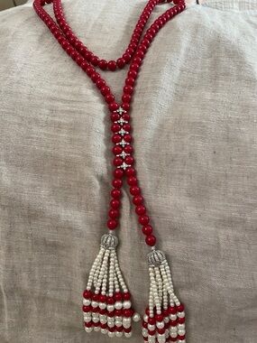 Red Beaded Tassel Necklace with foe Pearl Drops - Women Jewelry
